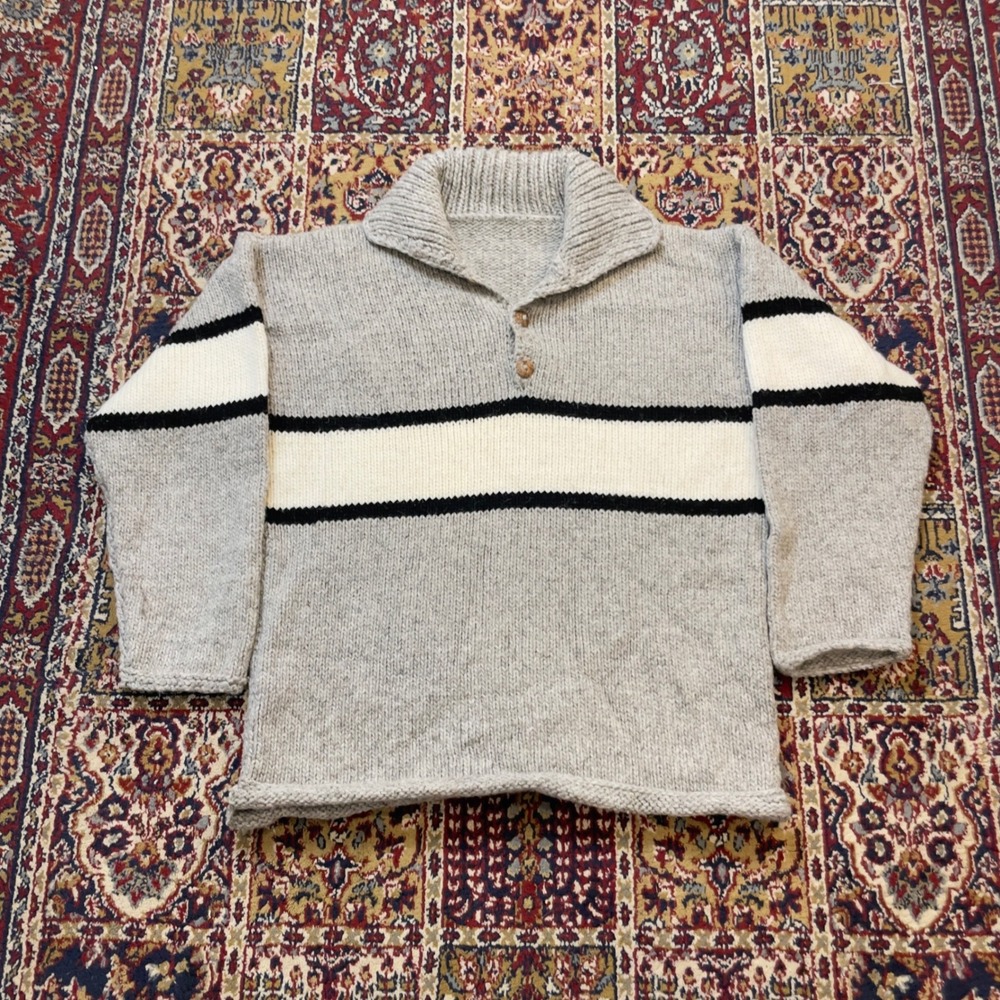 VTG 60s Hand Knit Grey Striped Heavy Wool Shawl Collar Sweater L Chunky USA Horn